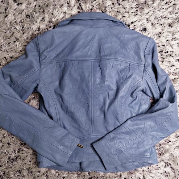 MICHAEL Michael Kors Leather Side-Strap Moto Jacket in Baby Blue - Picture 4 of 7